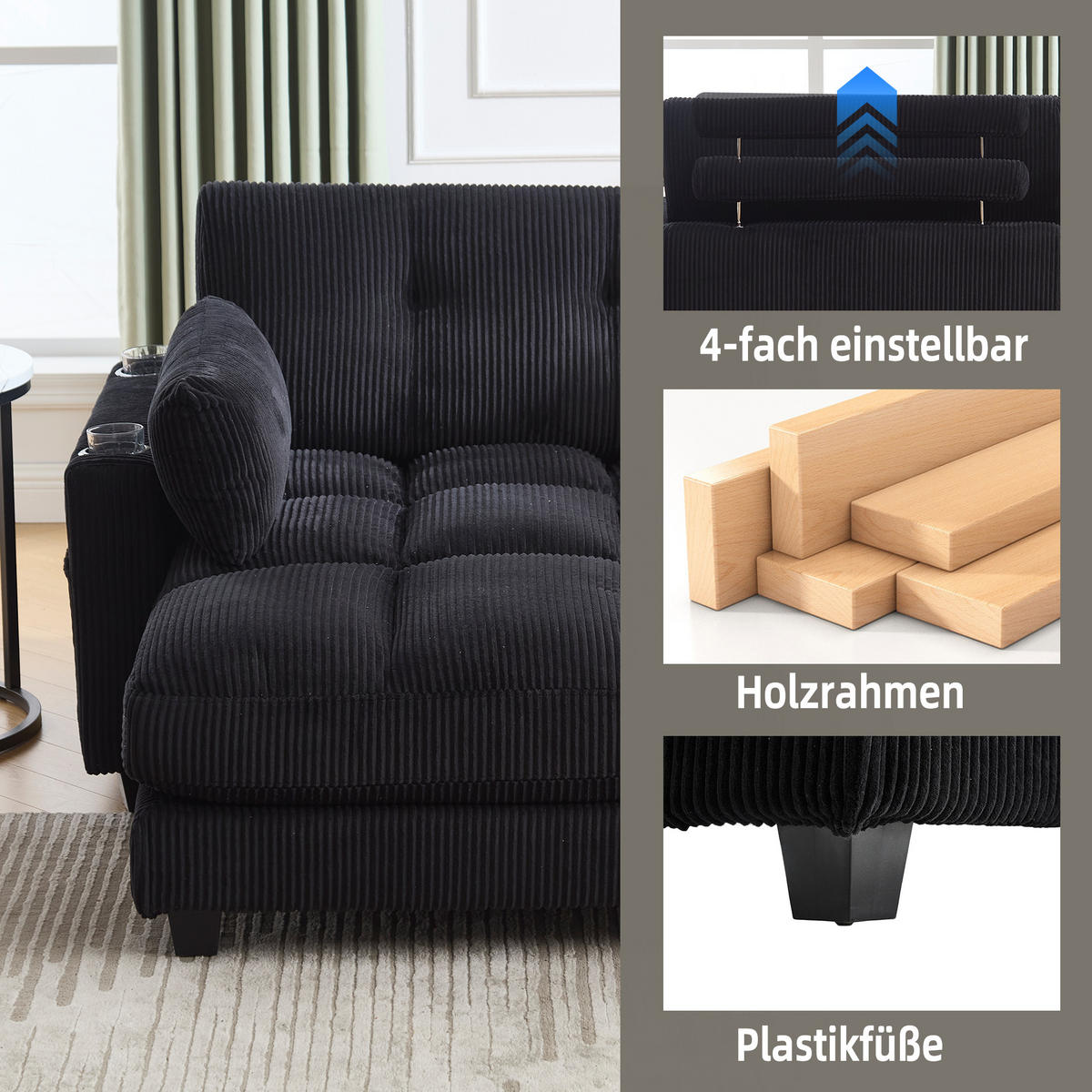 RÉCAMIERE Cord Schwarz mit Getränkehaltern, USB und Seitentasche - Schwarz, Holzwerkstoff/Kunststoff (140/81/121cm) - WISHDOR