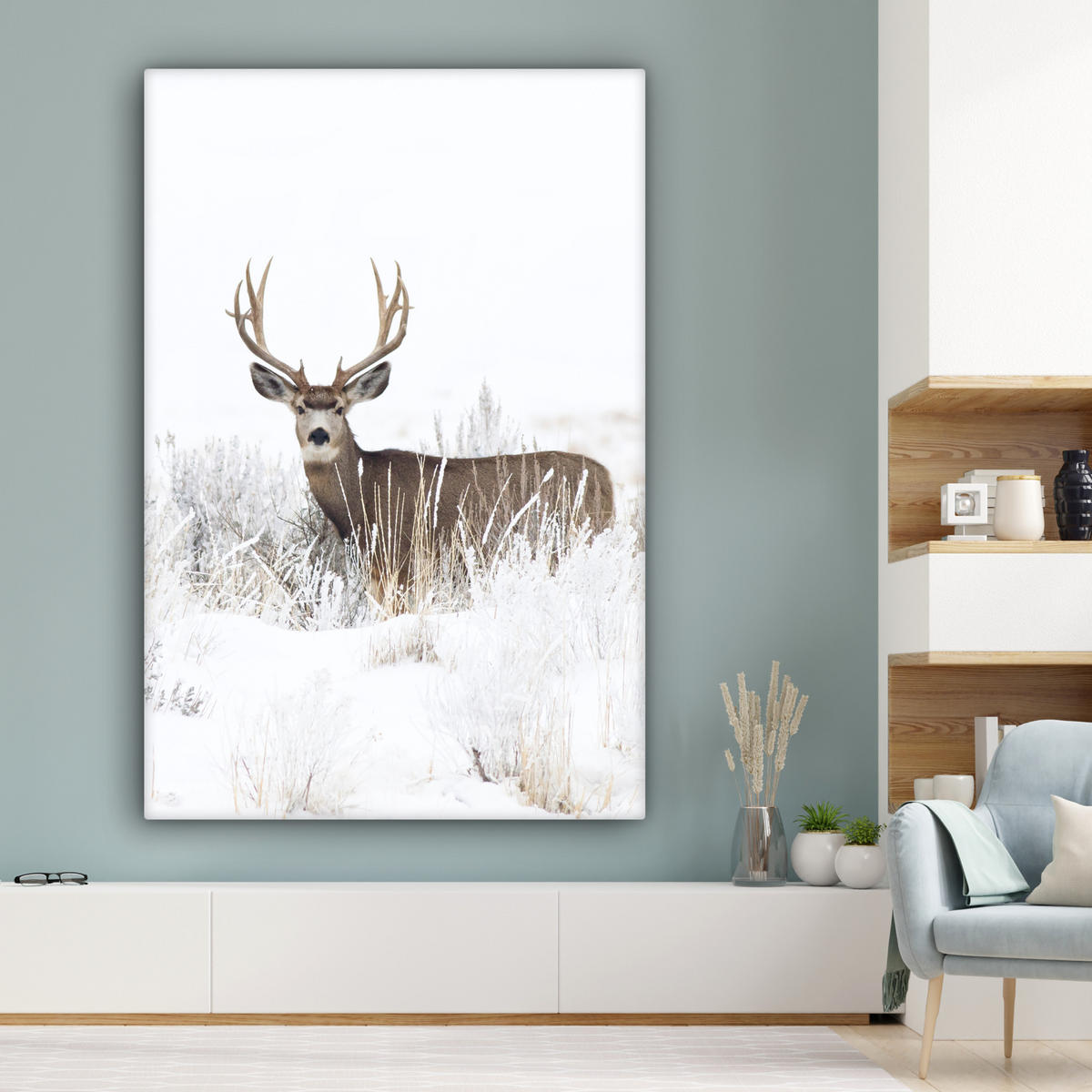 LEINWANDBILD Hirsche - Winter - Schnee - Tiere - Jahreszeiten - Weiß 90x140 cm - Hellbraun, Textil (90/140cm) - MuchoWow