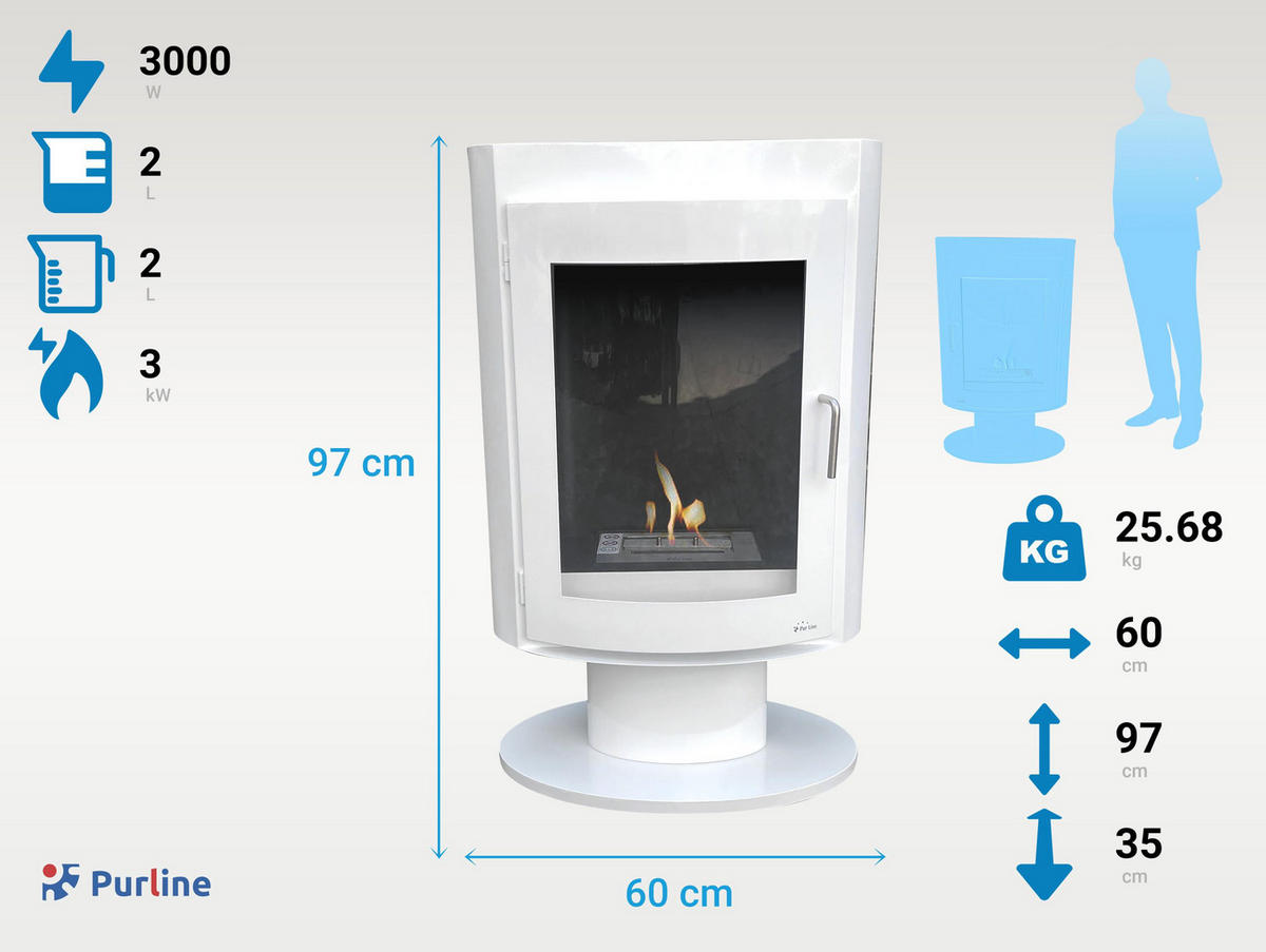 BIOETHANOL-OFEN Weiß inklusive 2 L-Tank und 3 kW Leistung - Weiß, Metall (60/97/35cm) - Purline