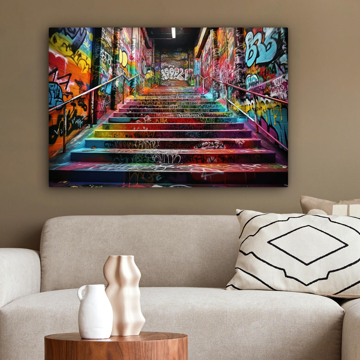 LEINWANDBILD Treppe - Graffiti - Farben - Kunst XXL 150x100 cm - Multicolor, Textil (150/100cm) - MuchoWow
