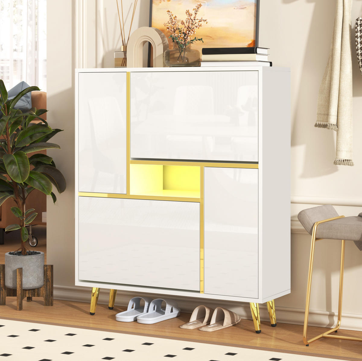 SCHUHSCHRANK mit LED 80 x 25 x 96 cm Weiß Hochglanzfront - Weiß, Holz (25/96/80cm) - Beauniv