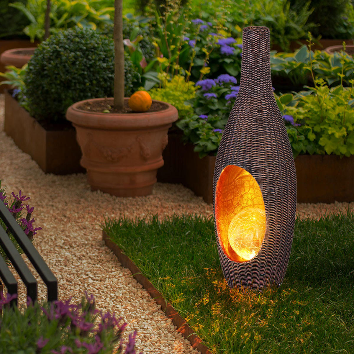 LED AUSSENLEUCHTE Rattan Design Braun Gold - Braun, Glas (14.3/13/45.5cm) - Globo Lighting