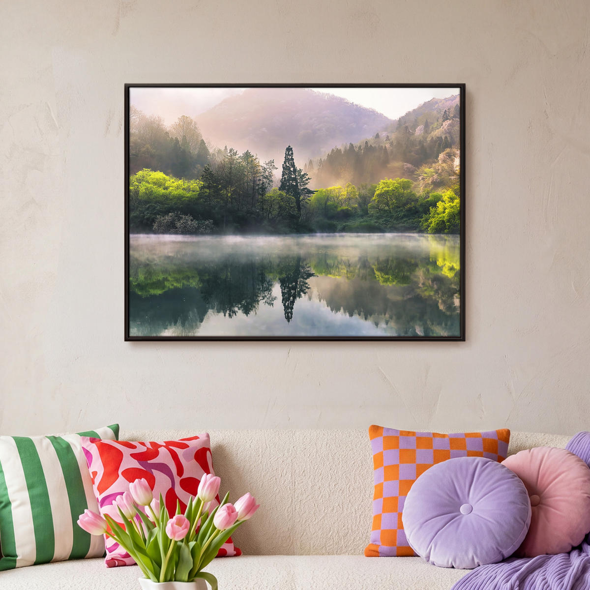 LEINWAND Bilder mit Rahmen - Natur - Bäume - Berge - See - Wasser - 70x50 - Hellgrün, Textil (70/50cm) - MuchoWow