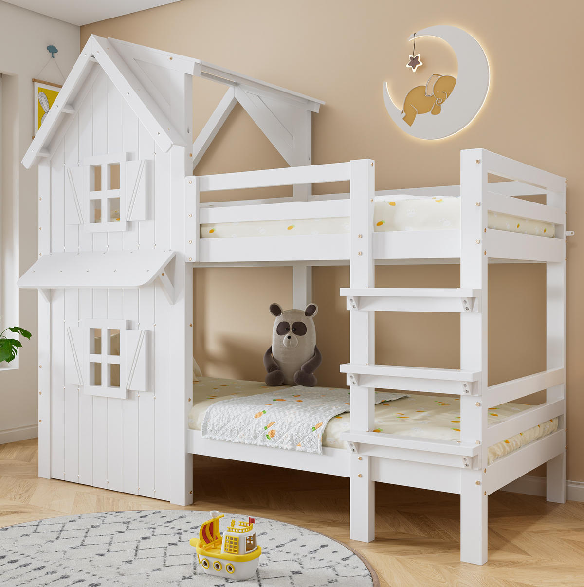 ETAGENBETT 90/200 cm in Weiß mit Dach, Fenstern und Sicherheitsgeländern - Weiß, Holzwerkstoff (90/200cm) - OKMYHOME