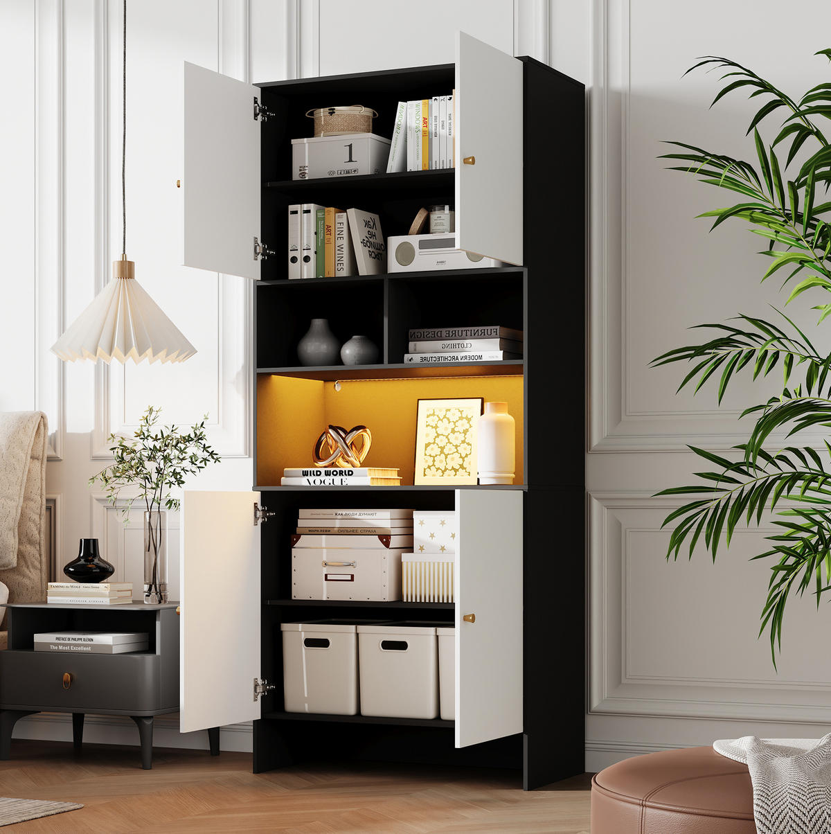 SIDEBOARD 80/40/185 cm mit 4 Türen & 3 offenen Fächern in Weiß/Schwarz - Weiß, Holzwerkstoff (80/185/40cm) - BEAOK