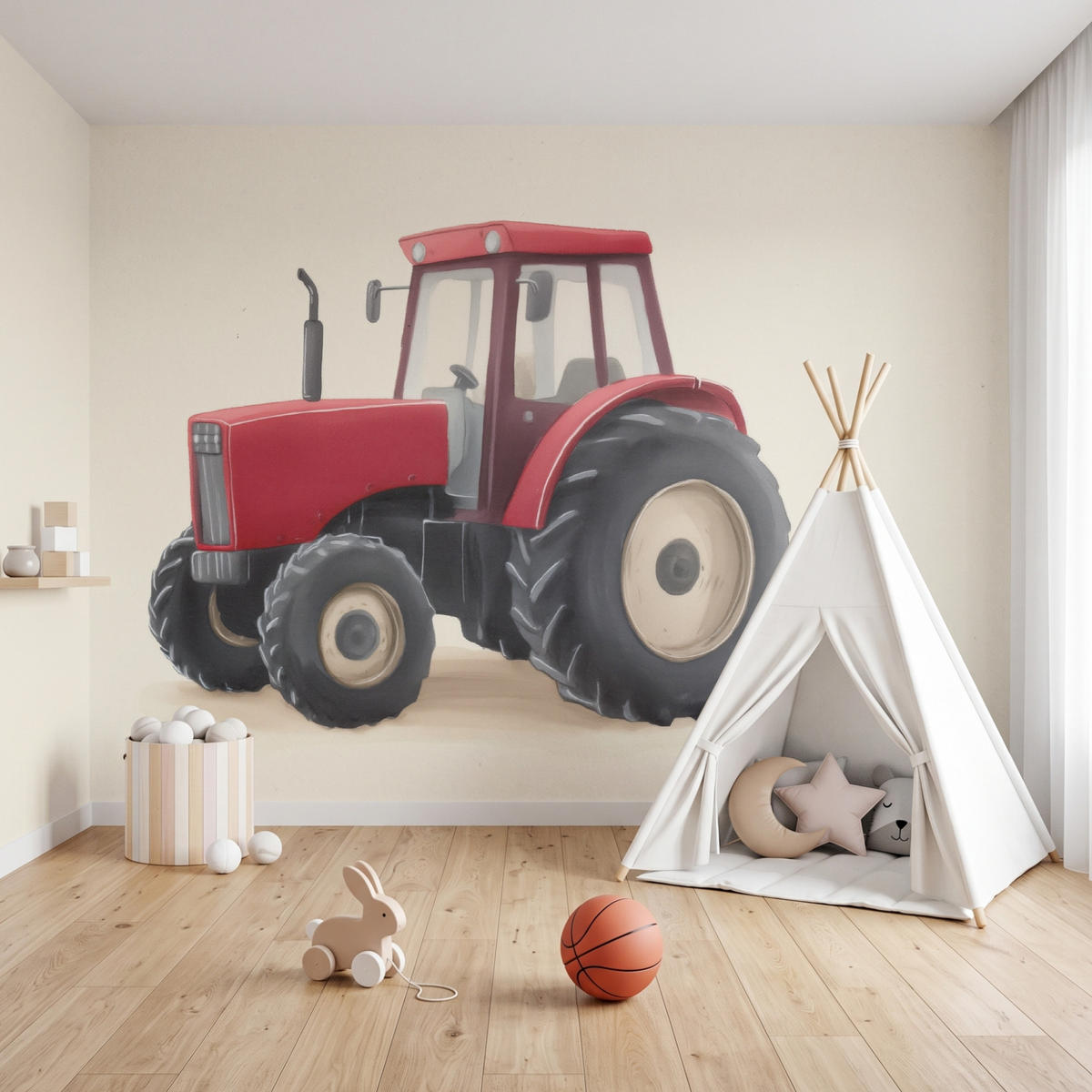 KINDERTAPETE - Traktor - Minimalistisch - Illustration - Rot - 450x300 cm - Rot, Papier (450/300cm) - OnlyWow