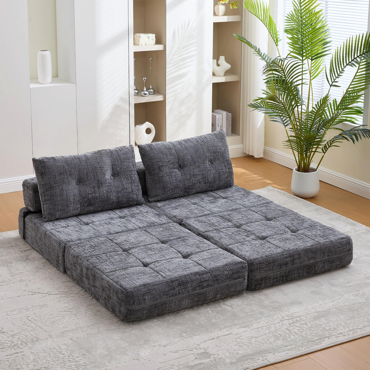 KLAPPBARER Chenille-Sessel mit Kissen, 79 x 79 x 57 cm, Grau - Grau, Textil (79/57/79cm) - Urban Meuble