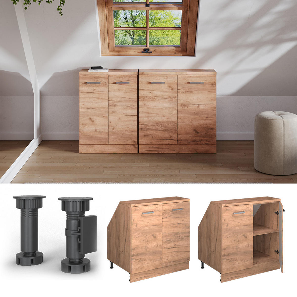 WARDROBE FOR SLOPING CEILING Rion Hrast zlatnog tona 80 x 81.6 cm s 2 vrata, korpus ormara dubine 60 cm - hrast medunac, drvni materijal (80/83.8/60cm) - Vicco