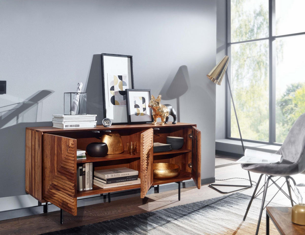 SIDEBOARD – Massivholz/Metall, 148x72x40 cm, modern, 3 Türen - Schwarz/Braun, Holz/Metall (148/72/40cm) - KADIMA DESIGN