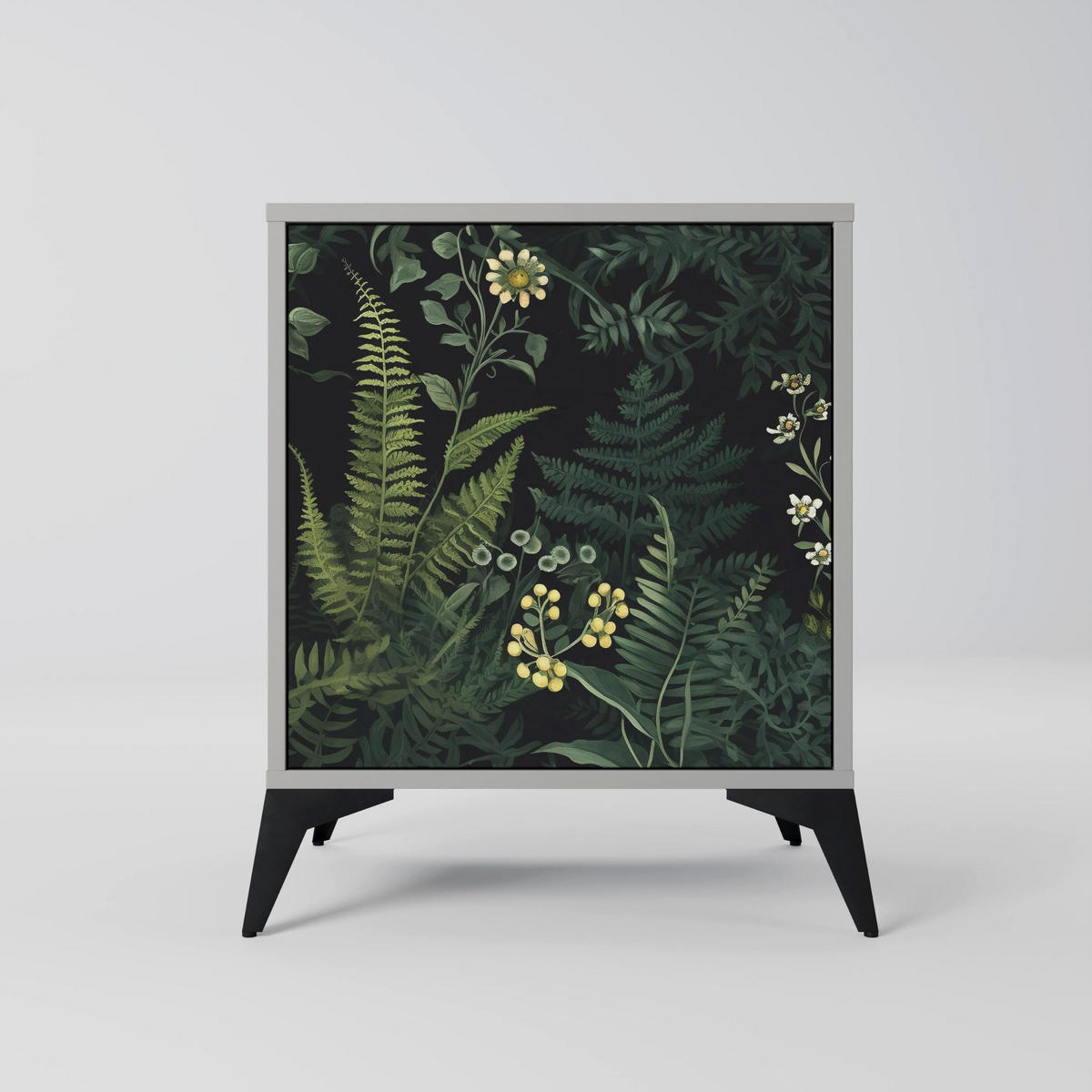 SIDEBOARD FERN FLOWERS, Grau, 57,5x42x67,5 cm, Schwarze Metall-Rahmenfüße - Multicolor/Schwarz, Holzwerkstoff/Metall (57.5/67.5/42cm) - SpaceRebels