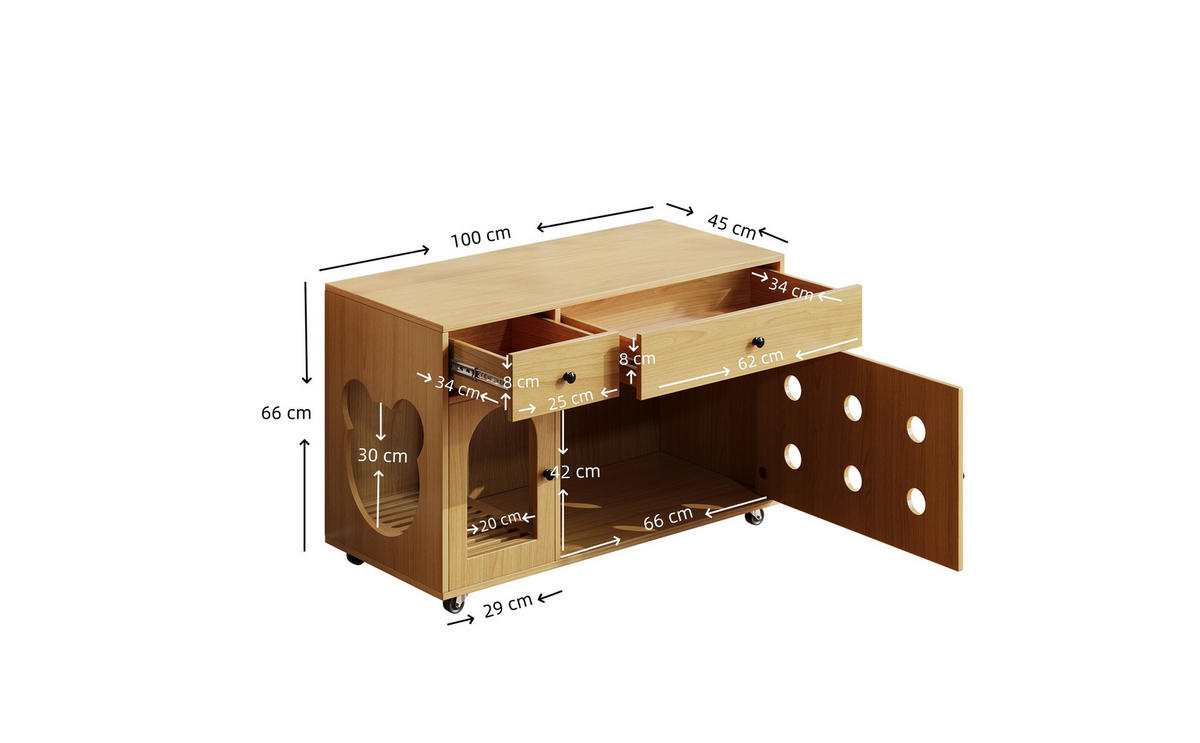 SIDEBOARD Naturgarben aus MDF 100×45×66cm als Katzenkloschrank mit Sandauffangplatte und Schubladen - Naturfarben, Holzwerkstoff (45/66/10cm) - Luhomfu