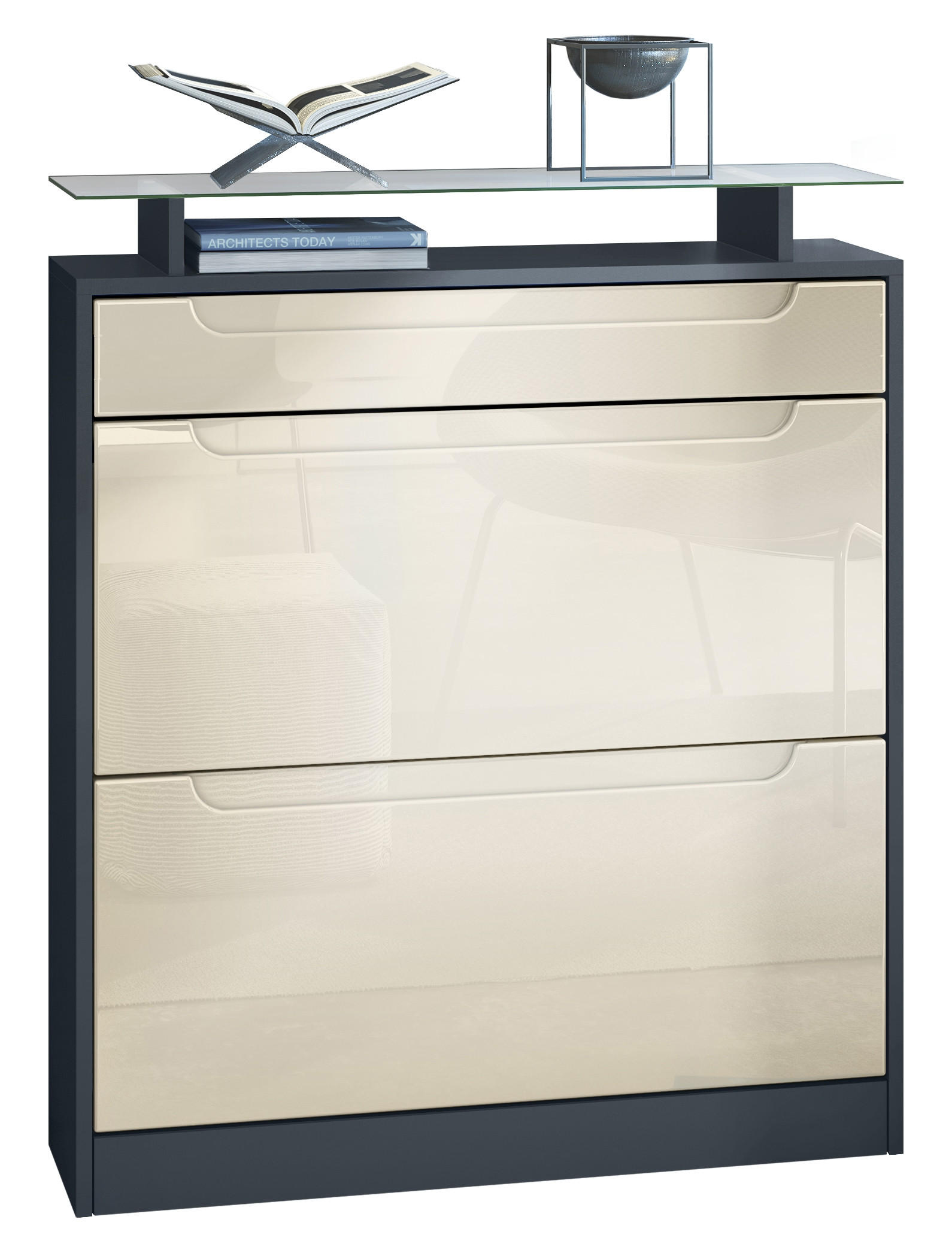 SCHUHSCHRANK Fiesta Fronten in Creme Hochglanz, Griffmulden in Creme Hochglanz - Creme, Holzwerkstoff (89/104/23cm) - Vladon