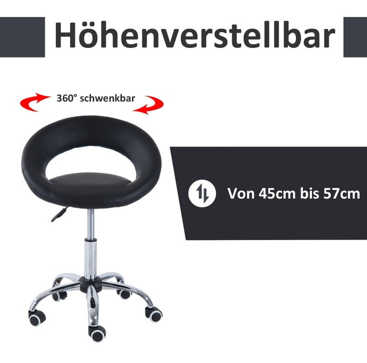 ROLLHOCKER höhenverstellbar B 50 x T 54 x H 66-78 cm PU Schwarz - Schwarz, Kunststoff (54/78/50cm) - Meubliv