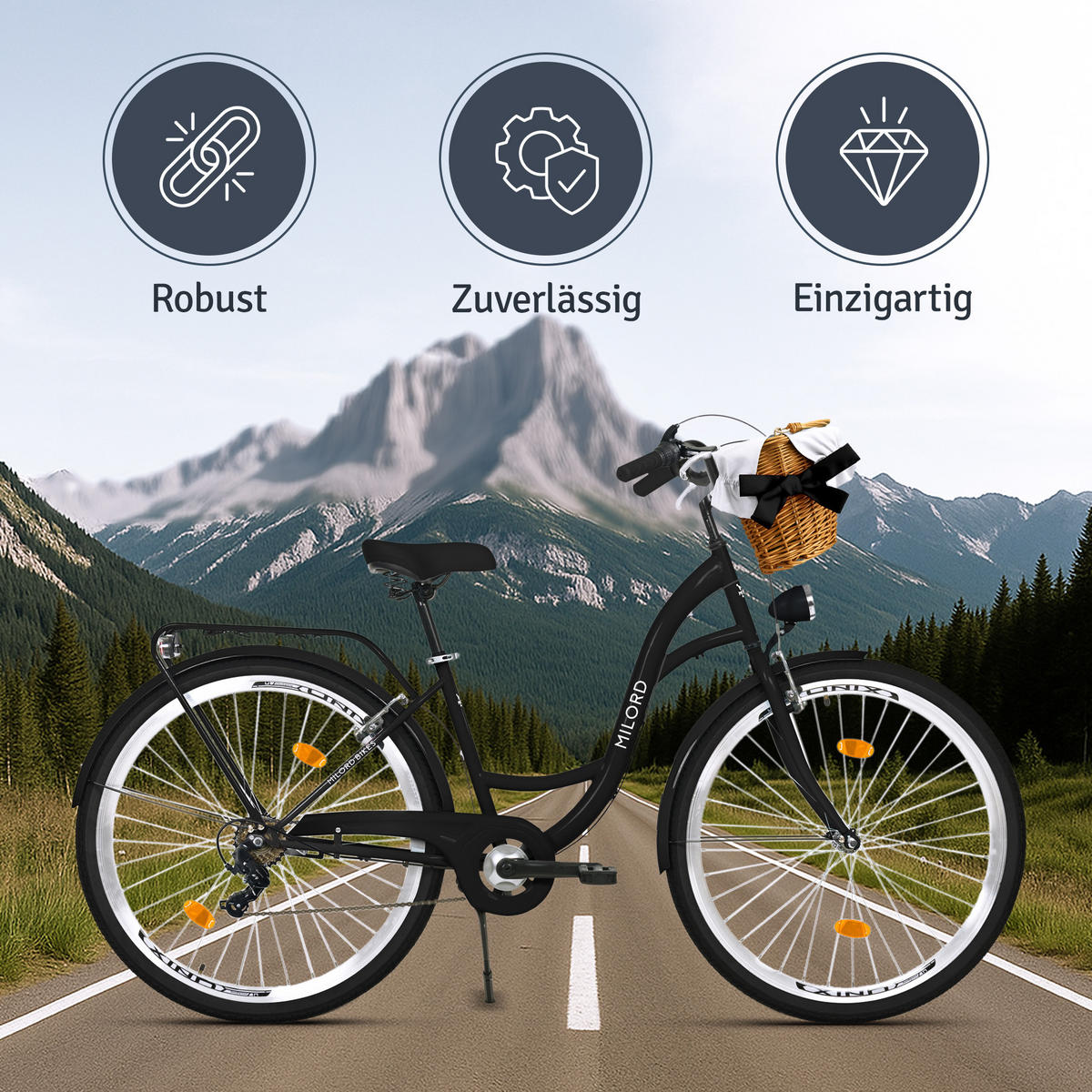 CITY-FAHRRAD Milord mit Weidenkorb, 28 Zoll, Schwarz, 7-Gang - Schwarz, Metall (46cm) - Milordbikes