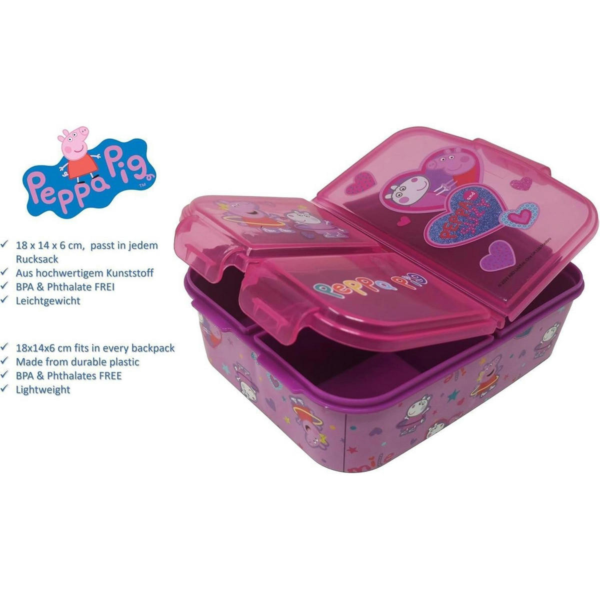 BROTDOSE mit Fächern Peppa Wutz 18 cm - Multicolor, Kunststoff (14/7/18cm)