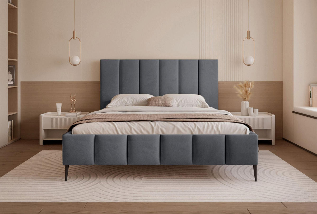 POLSTERBETT Sarafino Dunkelgrau Samt 140x200 cm - Dunkelgrau/Schwarz, Textil/Metall (140/200cm) - Selsey