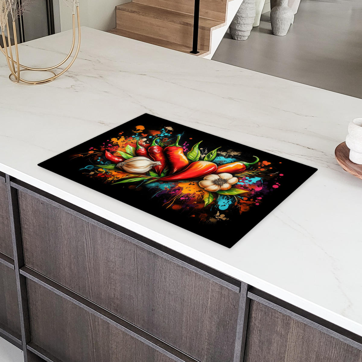 HERDABDECKPLATTE Gemüse - Paprika - Knoblauch - Graffiti - Farbe - Bunt 80x52 cm - Rot, Kunststoff (80.2/52.2/0.2cm) - MuchoWow