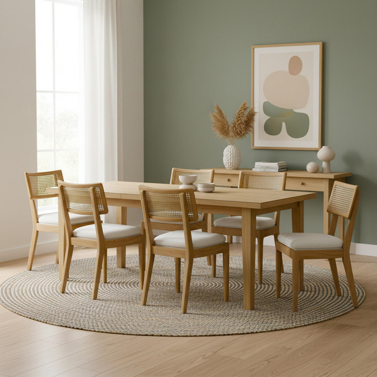 ESSZIMMERSTÜHLE 2er-Set aus Massivholz & Rattan Leinen-Polster in Naturfarben - Naturfarben, Holzwerkstoff (50/88/58cm) - Urban Meuble