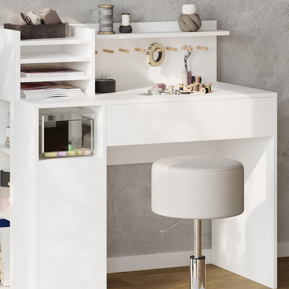 SCHREIBTISCH Weiß 2 Teile, mit Hocker - Weiß, Holzwerkstoff (50/100/100cm) - Vicco