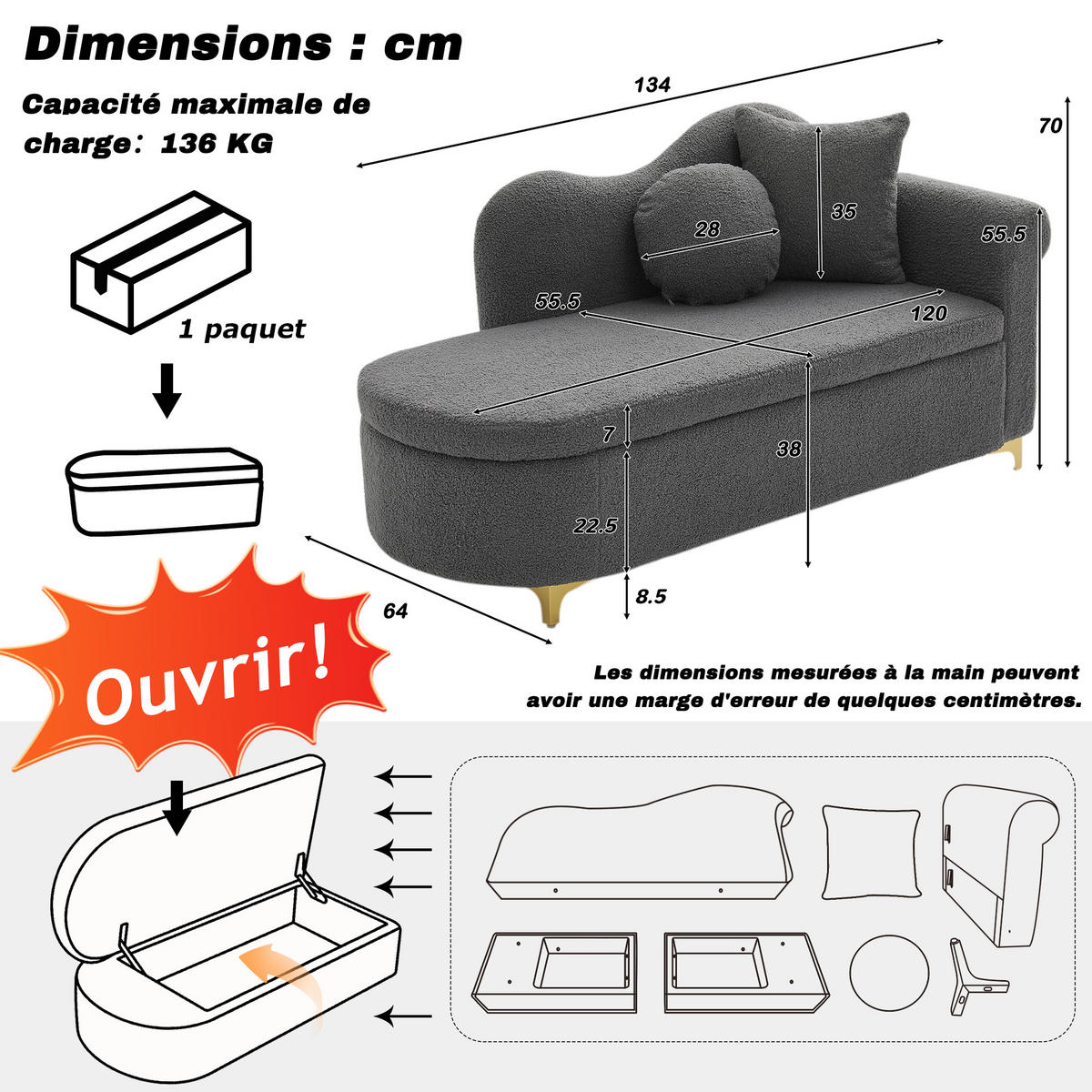 CHAISELONGUE mit Stauraum 134 cm, Teddyplüsch, modernes Design, wellenförmige Rückenlehne, inkl. Lenden- & Nackenkissen - Grau, Textil (64/70/134cm) - Ej. Life