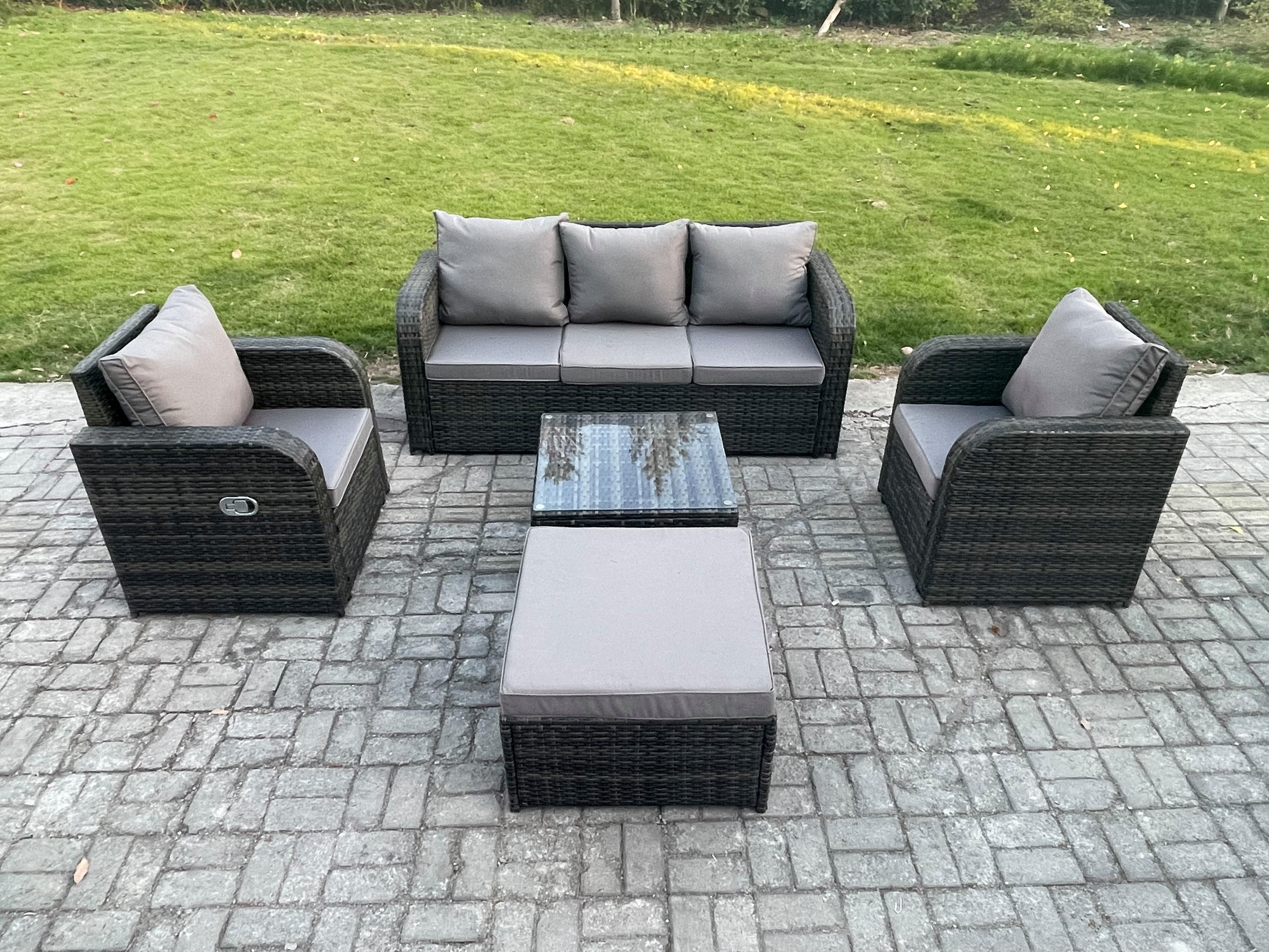 GARTENMÖBELGARNITUR mit KISSEN Polyrattan Dunkelgrau 6-Sitzer - Dunkelgrau/Grau, Glas/Kunststoff - Fimous