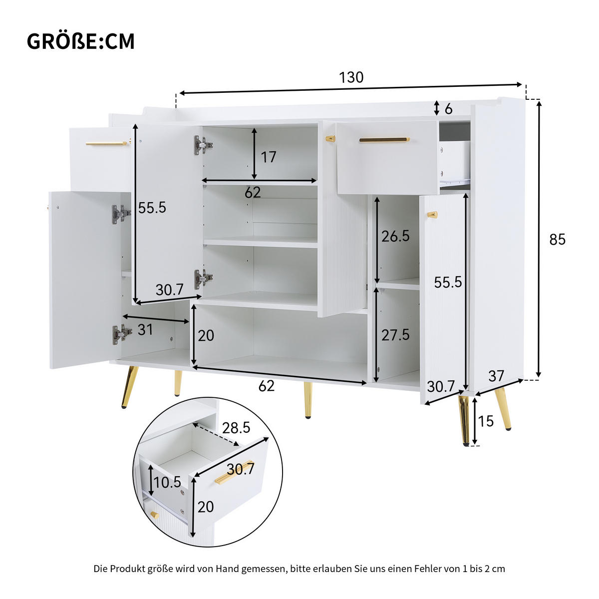 SCHUHSCHRANK in Weiß Schuhregal mit 2 Schubladen und 4 Türen für Flur, B130/T37/H100cm - Goldfarben/Weiß, Holzwerkstoff/Metall (130/100/37cm) - STILVORA