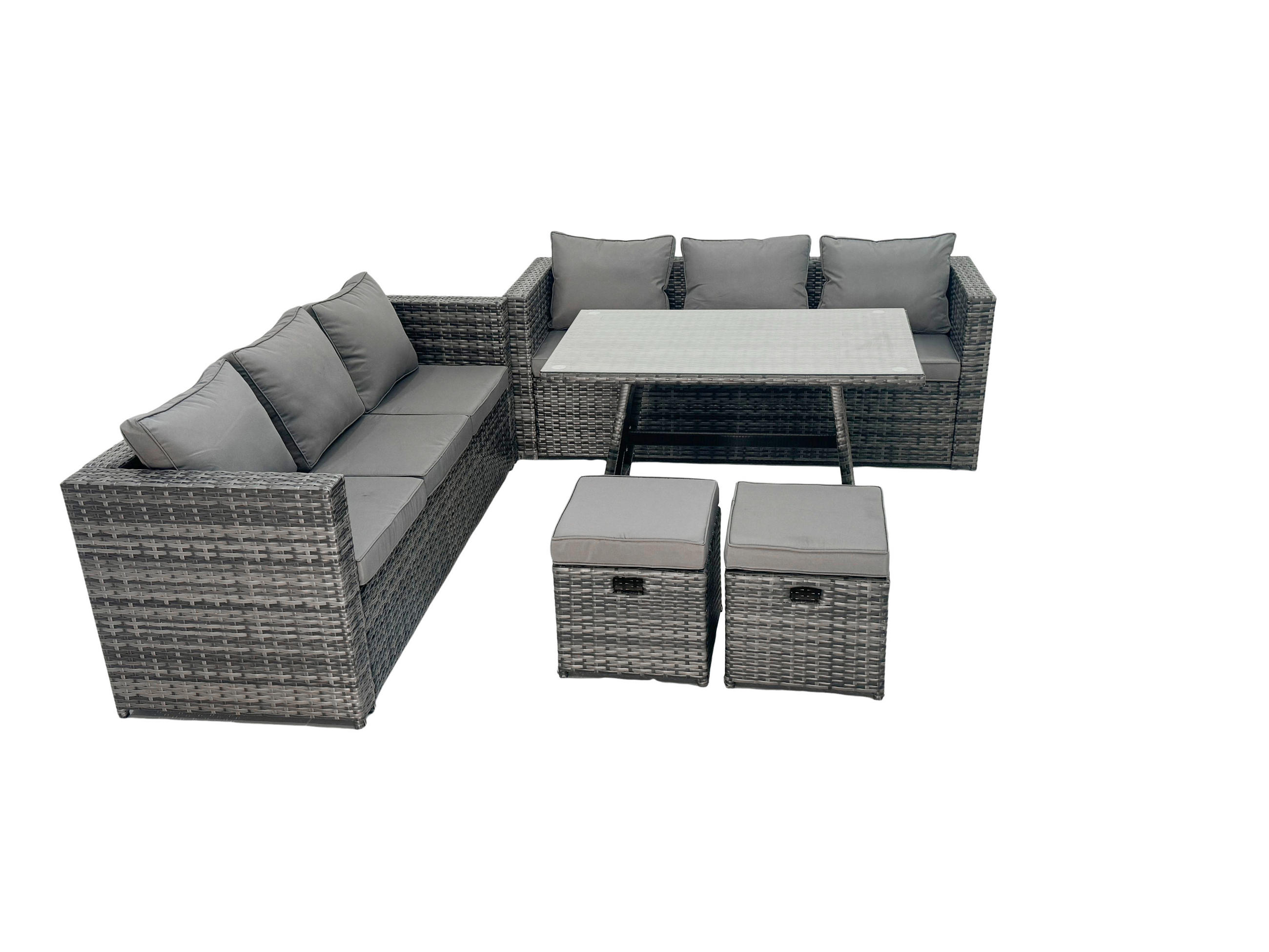 LOUNGESOFA SET mit Hocker Esstisch Polyrattan 6-Sitzer - Dunkelgrau/Grau, Glas/Kunststoff - Fimous