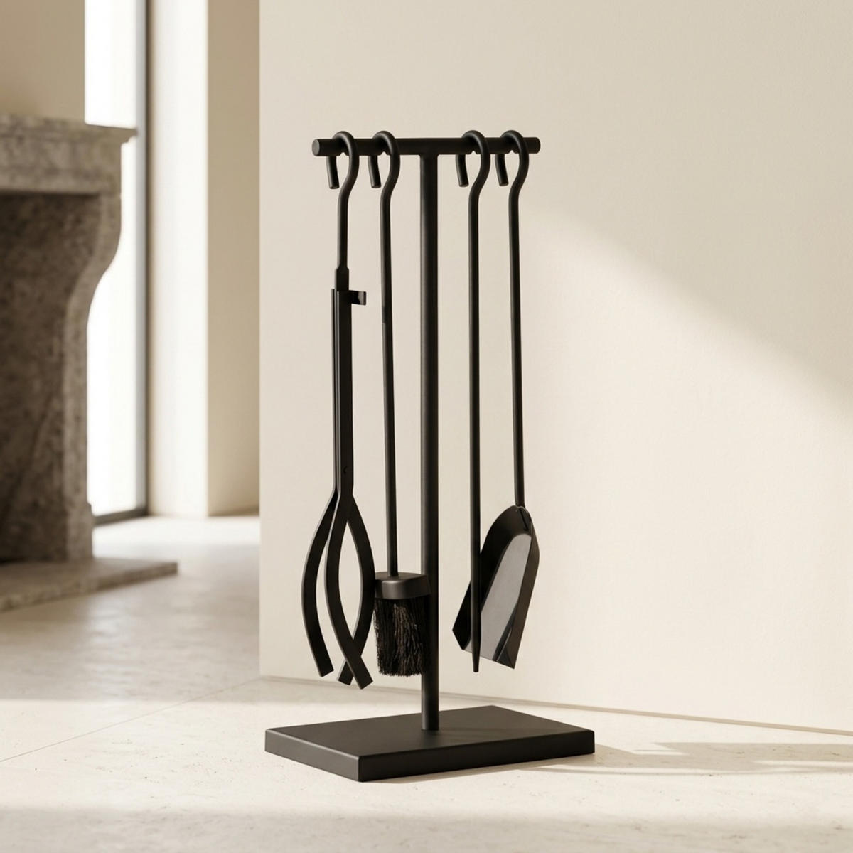 KAMINBESTECK Schwarz 5-tlg Stahl mit Ständer - Schwarz, Metall (25/57/18cm) - Relaxdays