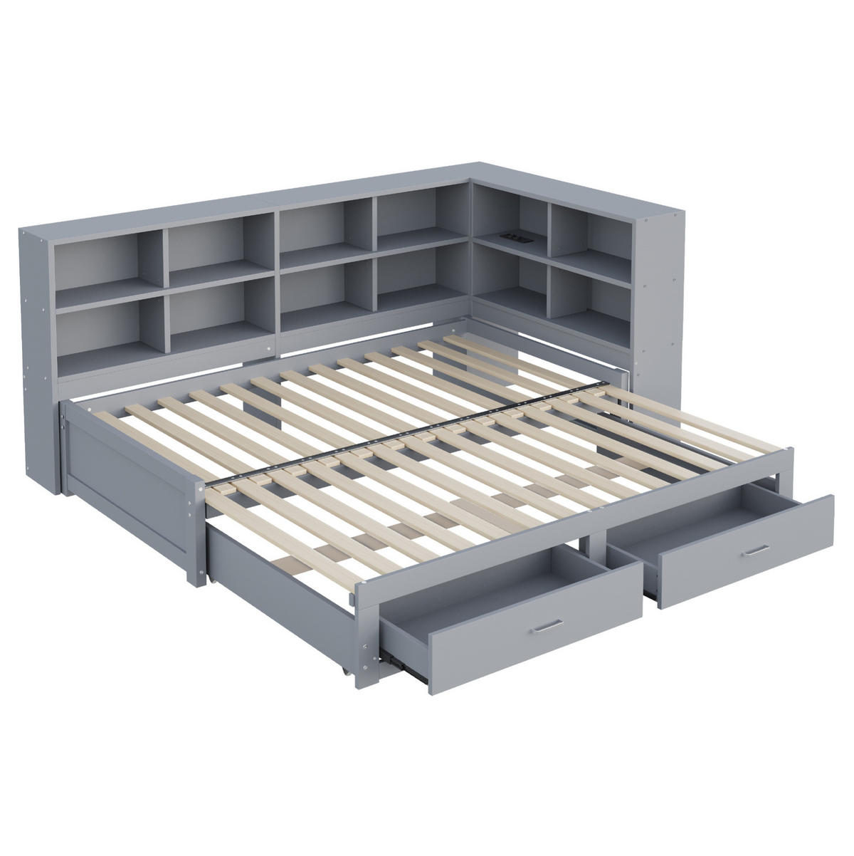 FUNKTIONSBETT 90/190 cm mit Ausziehbett, Stauraum und Steckdose, Grau - Grau, Holzwerkstoff (90/190cm) - Redom