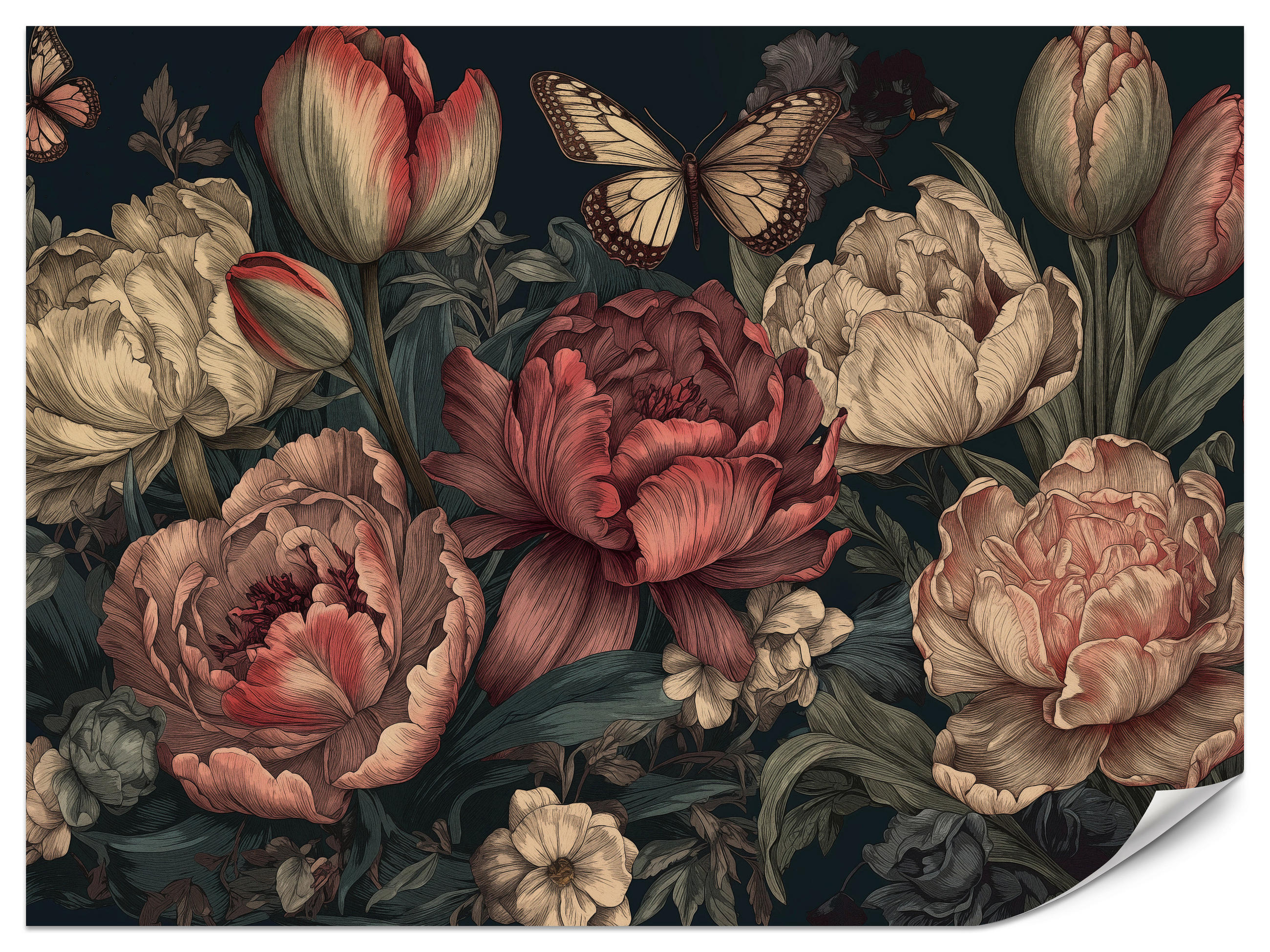 FOTOTAPETE für Schlafzimmer Pfingstrosen Tulpen Vintage Blumen Rosa Natur 400x280 - Gelb/Beige, Papier (400/280cm) - Muralo