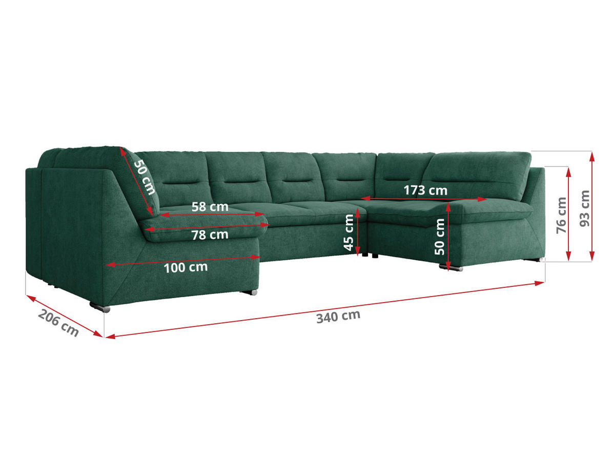 WOHNLANDSCHAFT MORBIDO U Grün Struktur - Silberfarben/Grün, Textil/Metall (340/93/206cm) - MKS