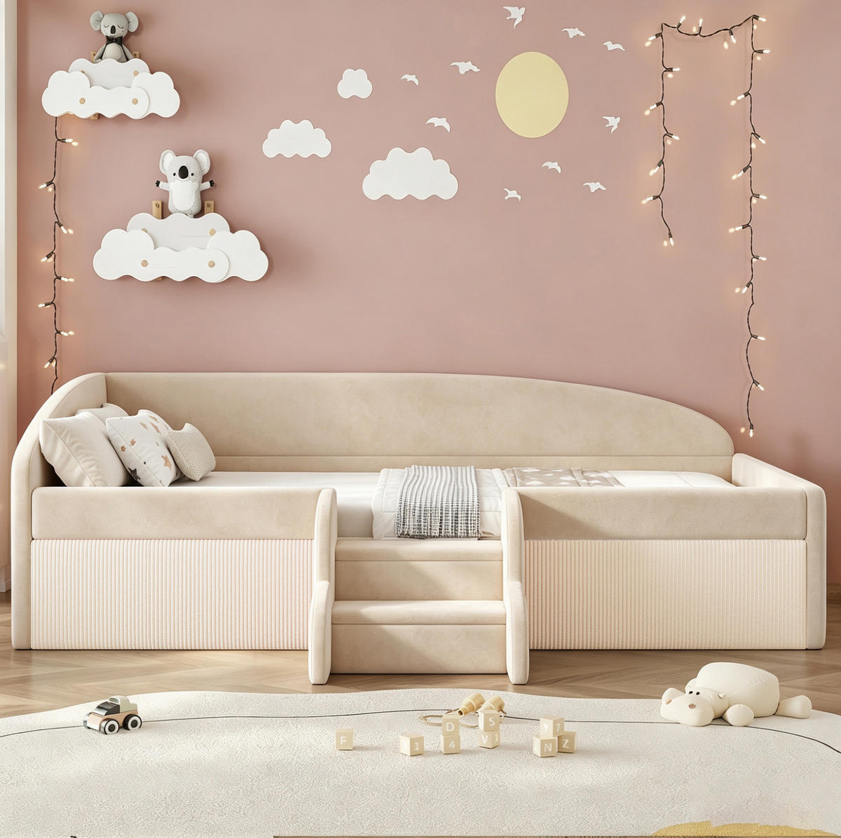 POLSTERBETT 90/190 cm aus Samt mit Stufen und Rausfallschutz, Beige - Beige, Textil (90/190cm) - OKMYHOME