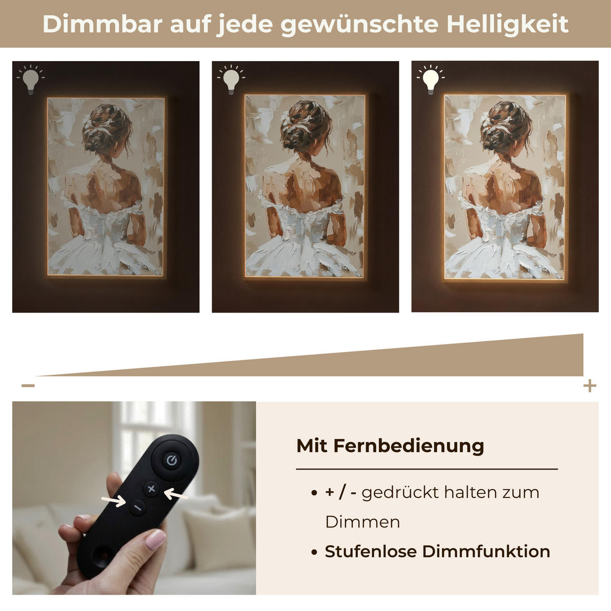 NÁSTĚNNÁ LAMPA S AKUMULÁTOREM Žena - malba - abstraktní - béžová - moderní 70x100 cm - světle hnědá, kompozitní dřevo (70/100/8cm) - OnlyWow