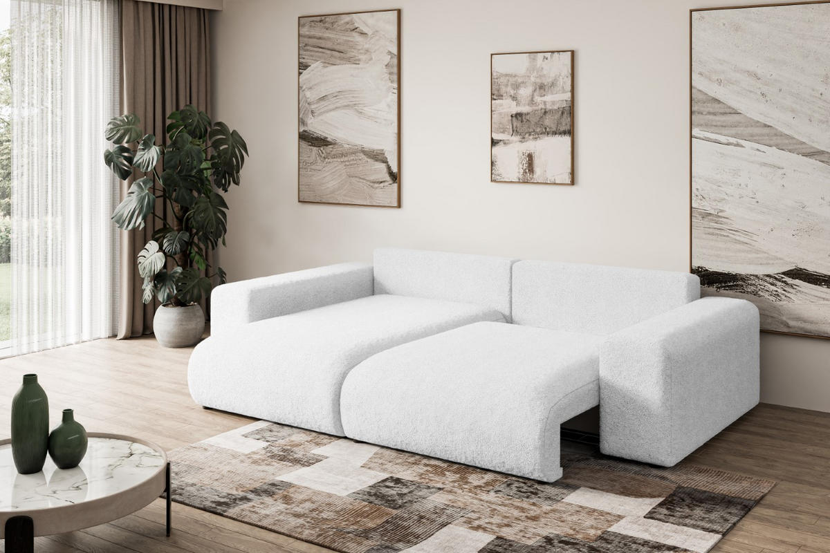 ECKSOFA mit Schlaffunktion und Bettkasten ESKAR-L 256x165x84cm Weiß Bouclé - Schwarz/Weiß, Holzwerkstoff/Kunststoff (165/256cm) - ALTDECOR