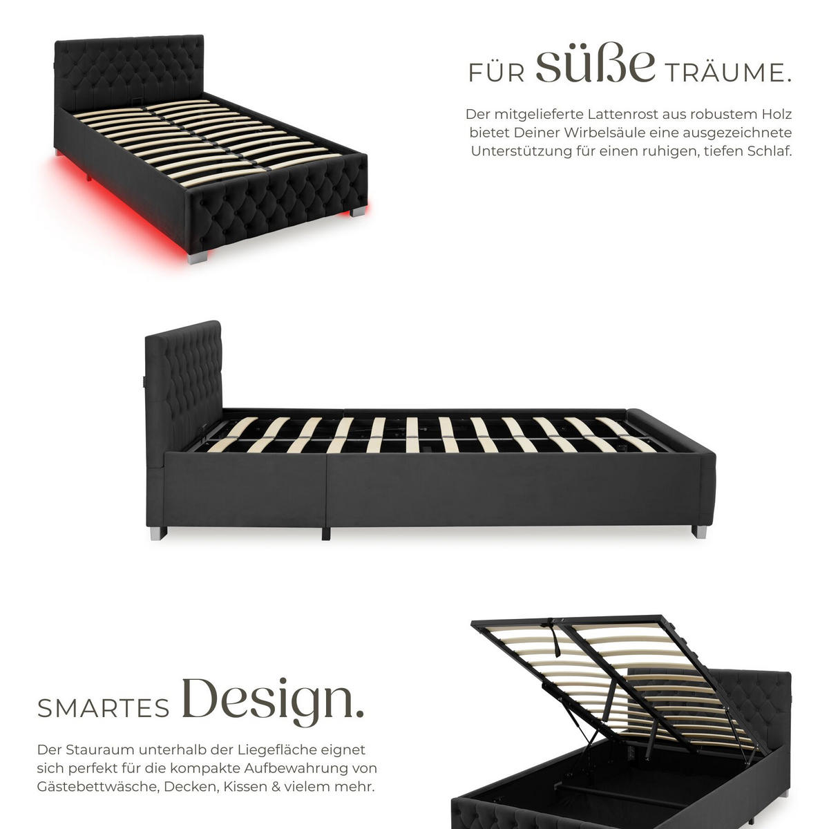POLSTERBETT Sedona, großer Stauraum, Samtoptik schwarz - Schwarz/Samtahornfarben, Holz (120/200cm) - tectake