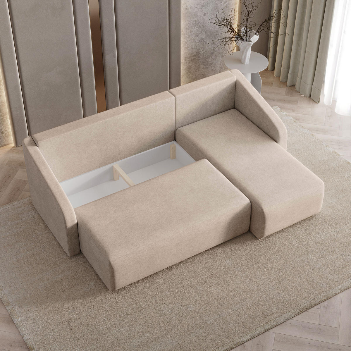 ECKSOFA MARELLO Beige Geflochtener Stoff mit Schlaffunktion - Beige, Holz (220/143cm) - MASSENO