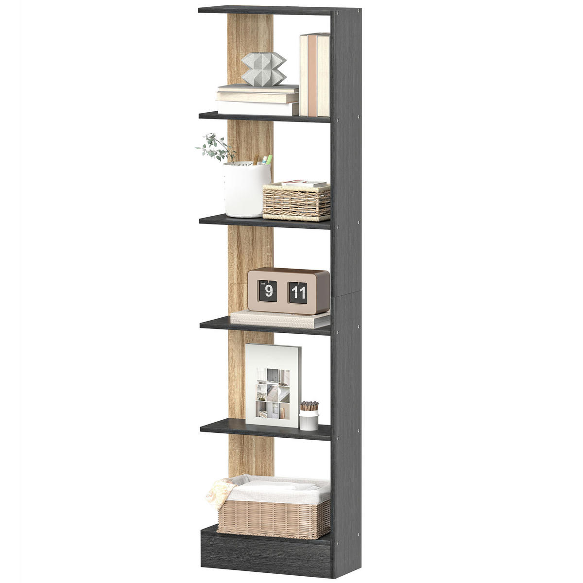REGAL DE-15565 45/21/170 cm, 5 offene Fächer Schwarz/Eiche - Schwarz, Holzwerkstoff (21/170/45cm) - ComfortXL