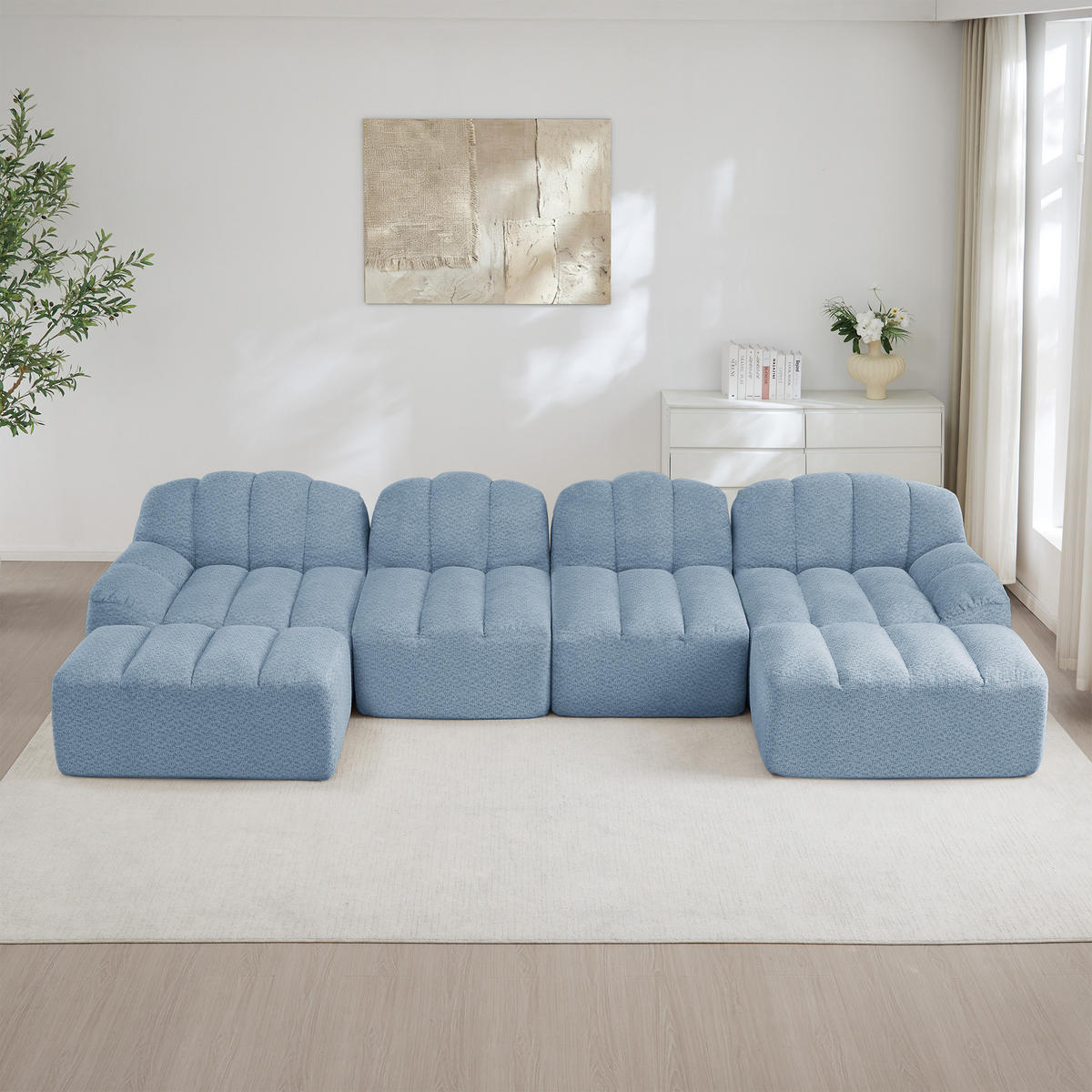 4-SITZER Sofa 366x165x79 cm aus granuliertem Fleece rahmenlos modular mit 2 Ottomans, blau - Blau, Textil (165/79/366cm)