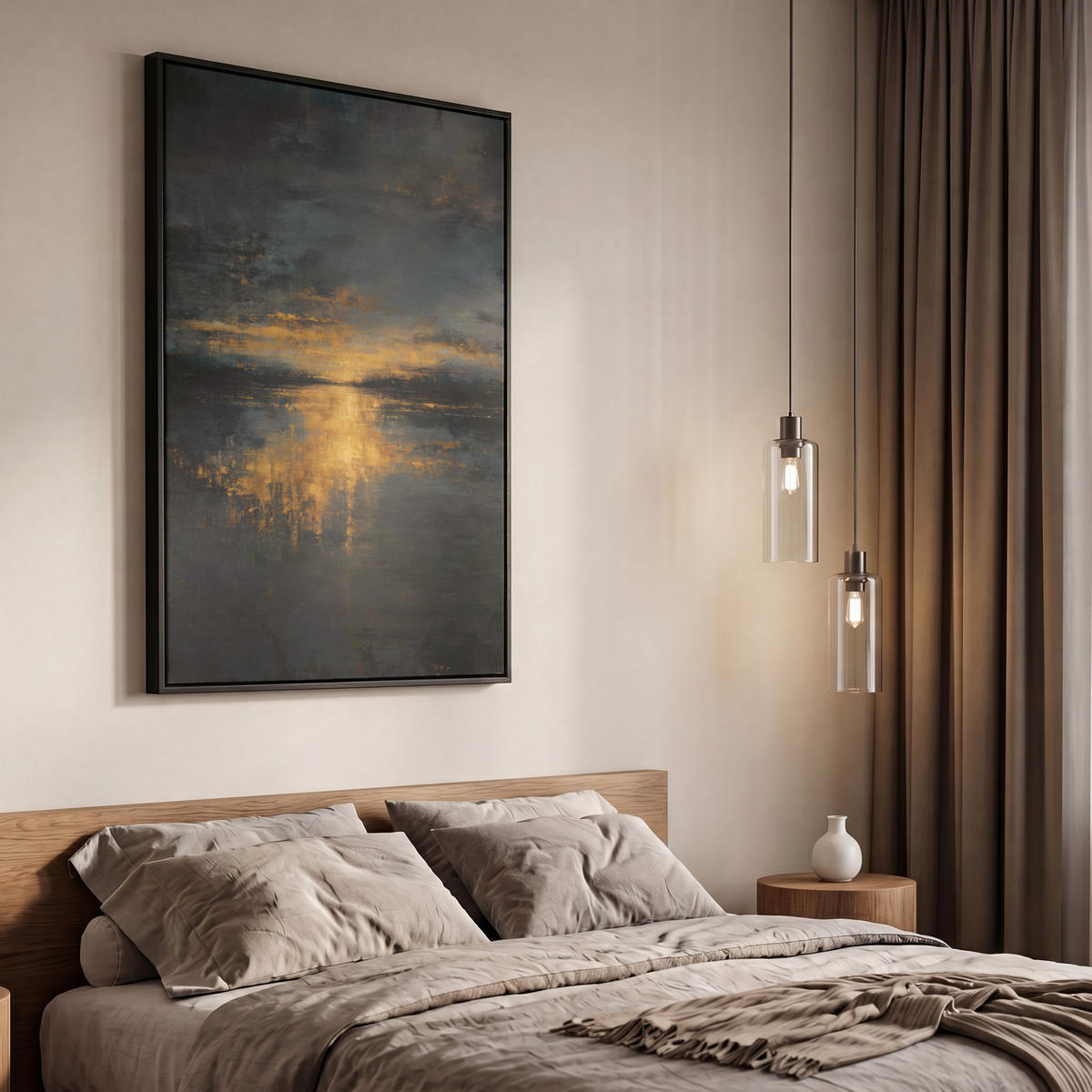 LEINWAND Bilder mit Rahmen - Goldene Reflexion auf dem Wasser - 60x90 - Anthrazit, Textil (60/90cm) - MuchoWow