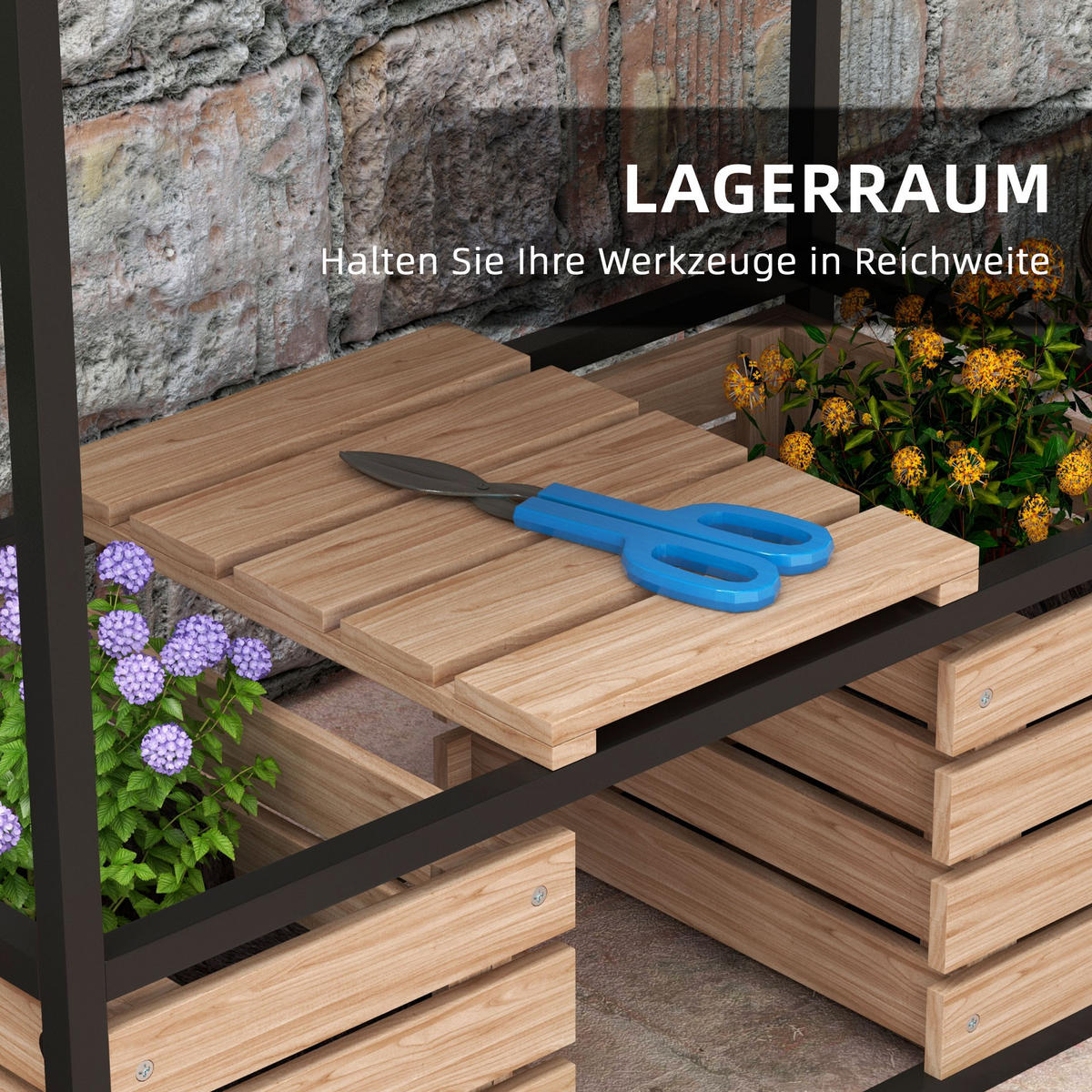 HOCHBEET aus Holz, 2-Stufiger Blumenkasten mit Ablage, für Garten, Balkon, Hellbraun - Braun, Holz/Metall (39/100/83cm) - Outsunny