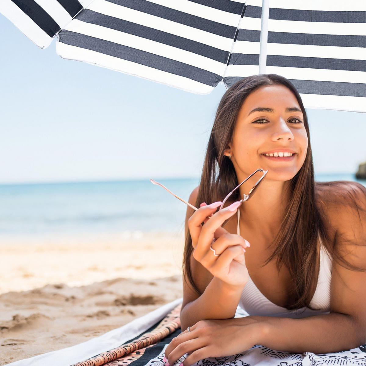 STRANDSCHIRM 200 cm, Höhenverstellbar - Weiß/Dunkelblau, Textil (200/200cm) - Outtec