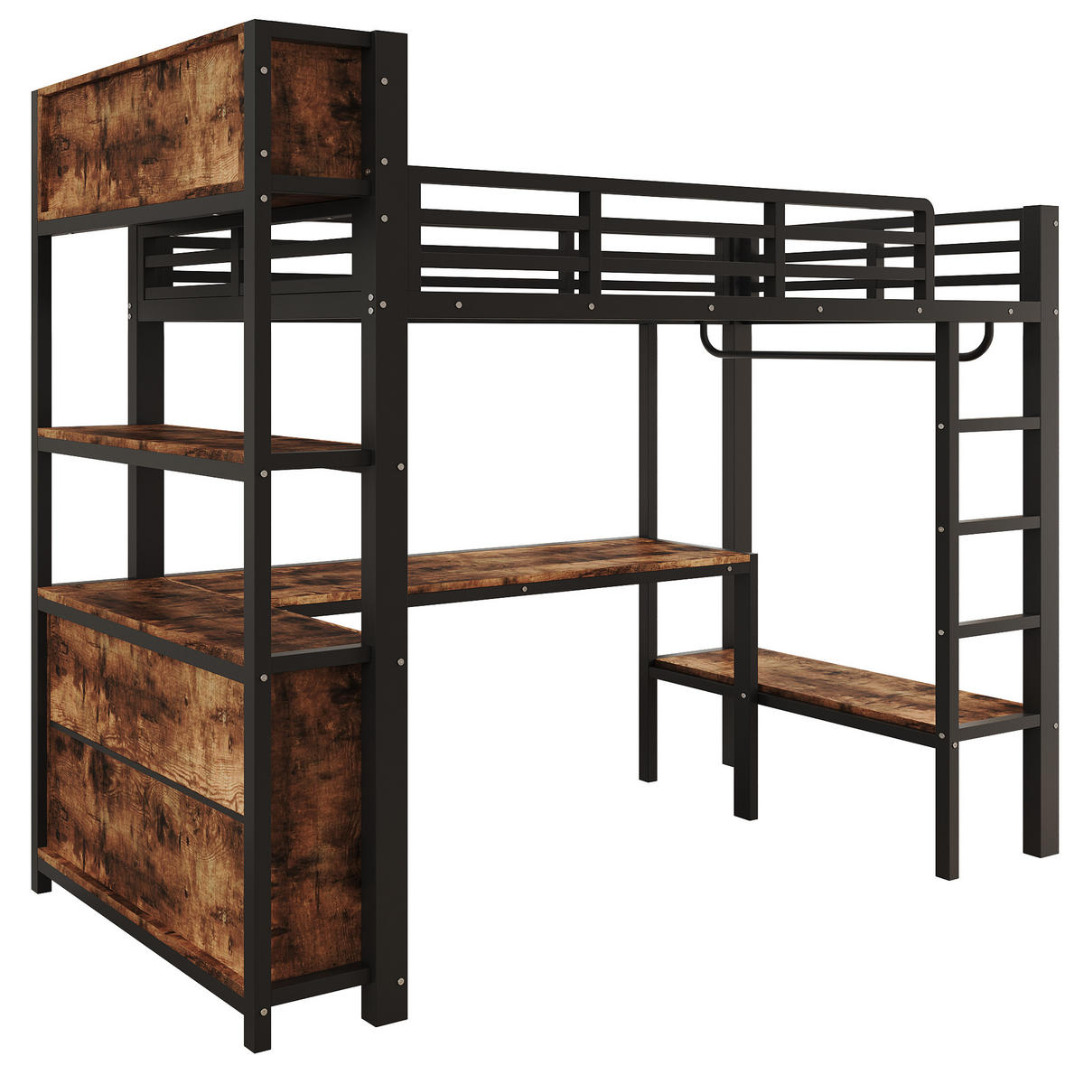 HOCHBETT 90/200 cm Schwarz, mit Tisch, Kleiderständer, Regalen und Staufächern - Schwarz, Metall