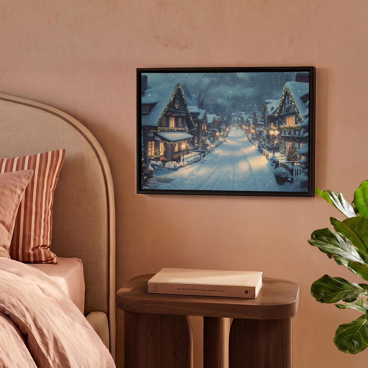 LEINWAND Bilder mit Rahmen - Weihnachtsdorf - Weihnachten - Schnee - Winter - 40x30 - Dunkelblau, Textil (40/30cm) - MuchoWow
