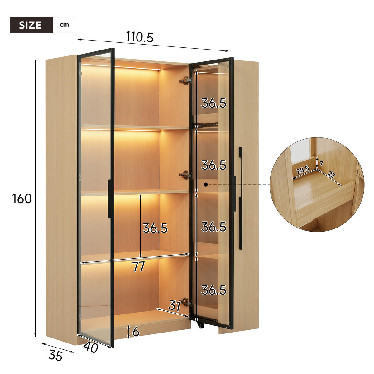 VITRINE LED Glastür Seitenauszug 160cm Modern - Eichefarben, Holzwerkstoff (110/160/35cm) - FLIEKS