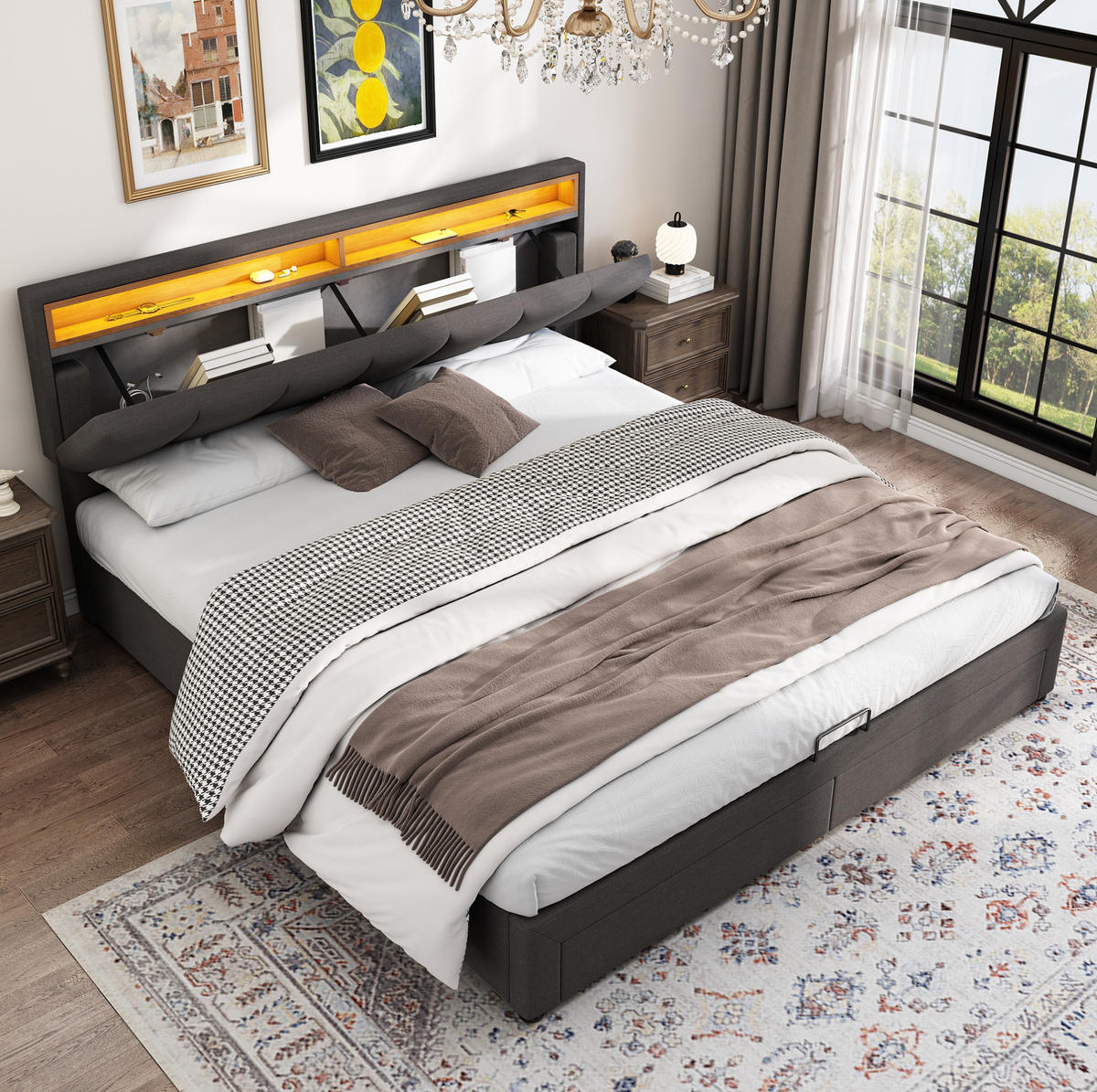 POLSTERBETT aus Stahl 160x200 cm Dunkelgrau mit LED-Beleuchtung und Stauraum - Grau, Textil (160/200cm) - IVMEU
