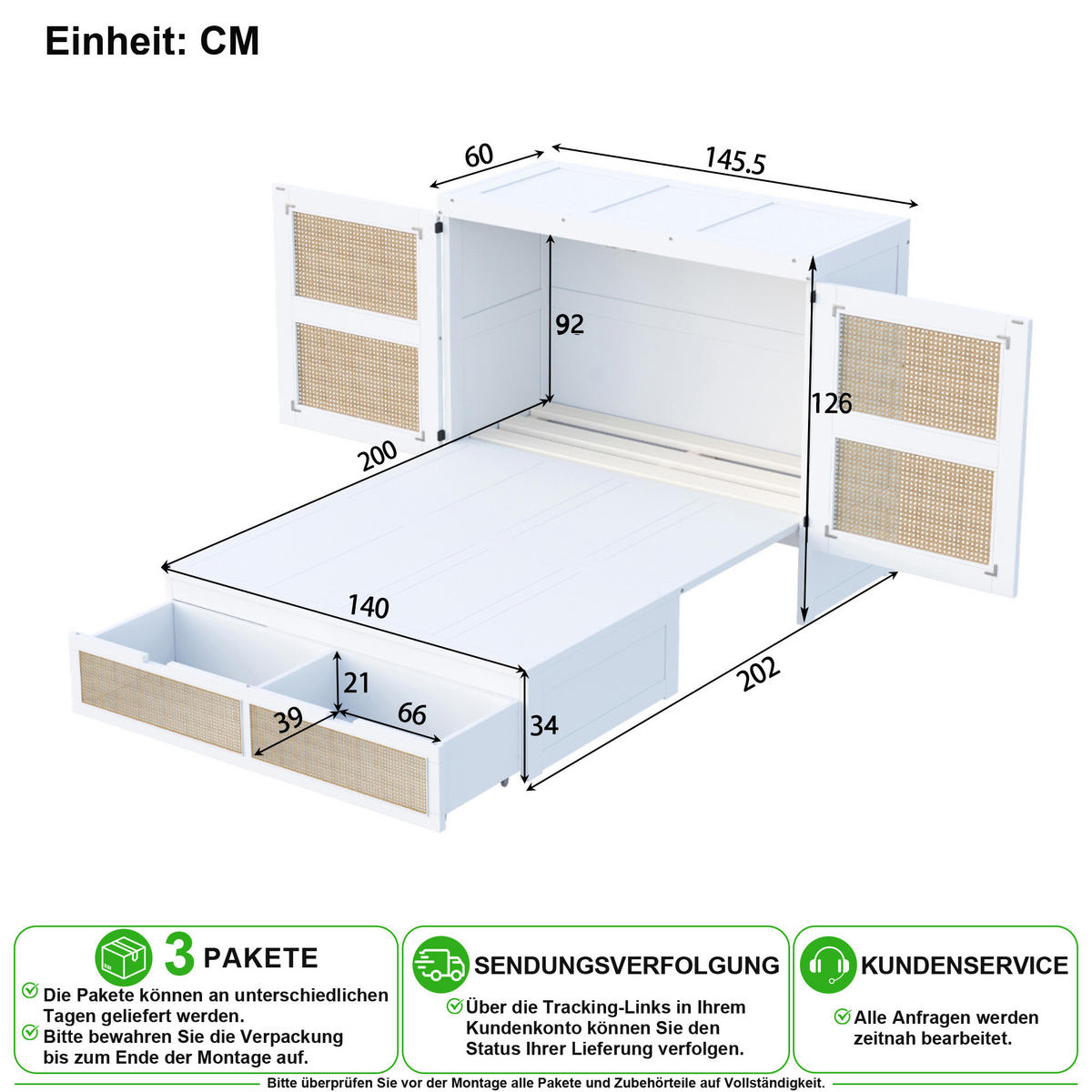 SCHRANKBETT 140/200 cm in Weiß mit Schubladen und Rattan-Design - Weiß, Holz/Holzwerkstoff (140/200cm) - CHICFURN