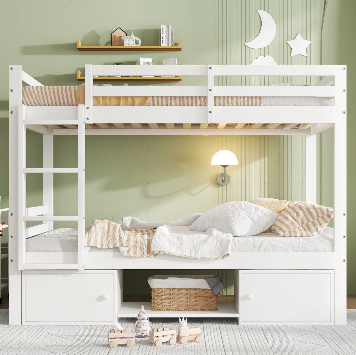 ETAGENBETT 90/200 cm Weiß mit Schuhregalen und Schließfächern aus Massivholz - Weiß, Holzwerkstoff (90/200cm) - OKWISH