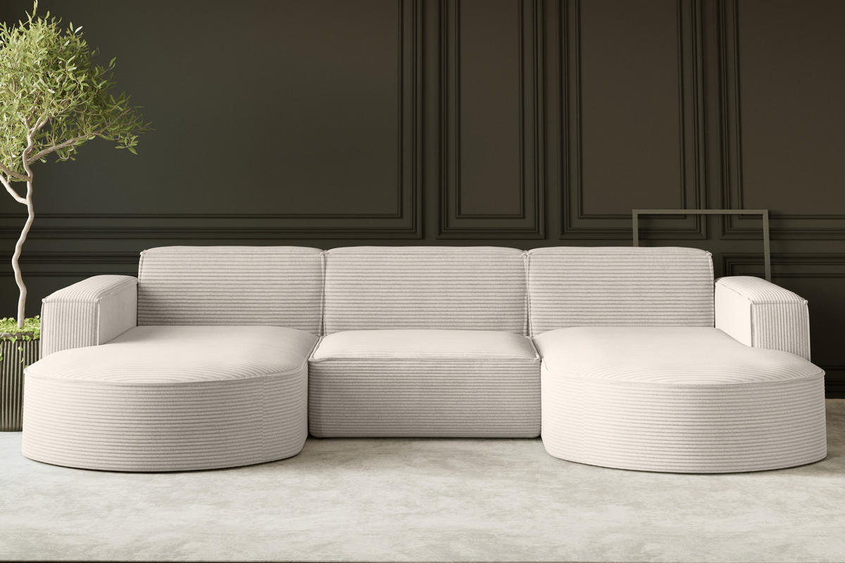 ECKSOFA Designer MODENA U STUDIO Stoff Dicker Cord Ecru - Ecru, Holz (165/299cm) - Kaiser Möbel