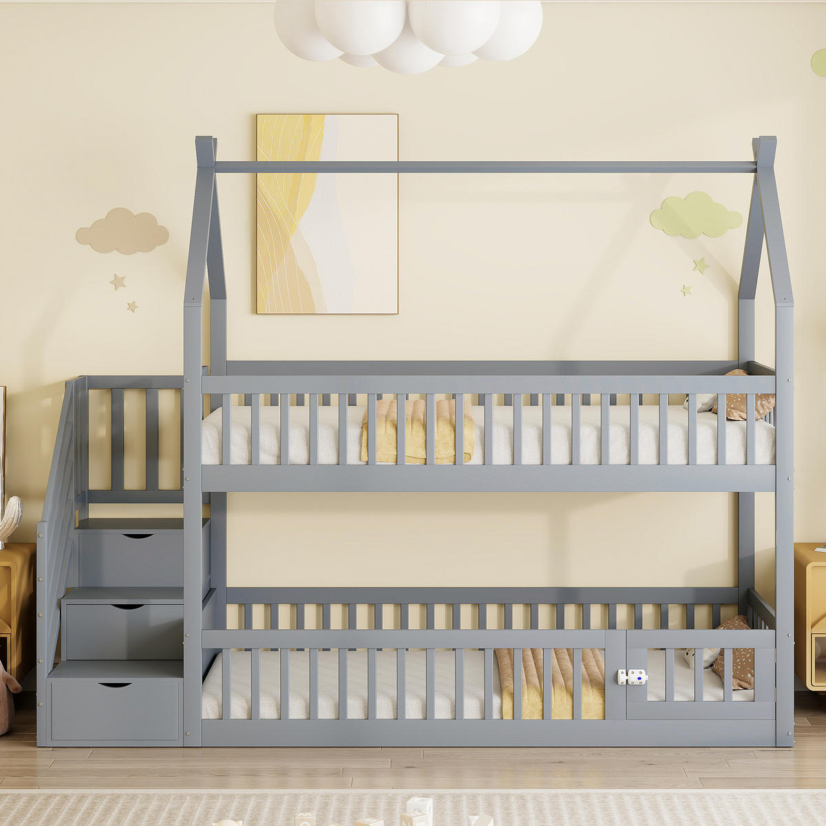 ETAGENBETT 90/200 cm Grau mit Dach und Sicherheitstreppe - Grau, Holz (90/200cm) - OKMYHOME