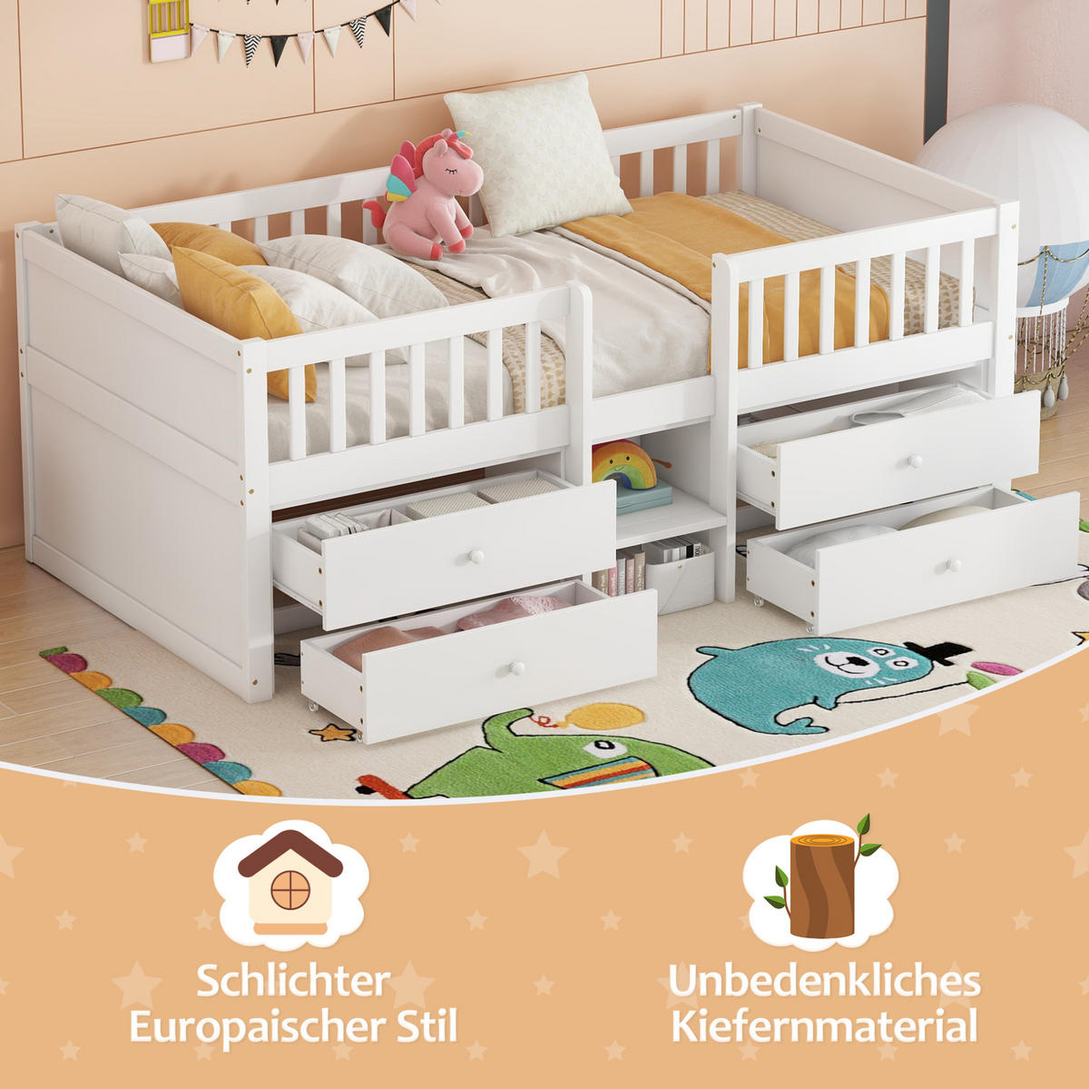 HOCHBETT Kinderbett 90/200 cm aus Kiefernholz und MDF mit 4 Schubladen Weiß - Weiß, Holz (90/200cm) - Modenvie